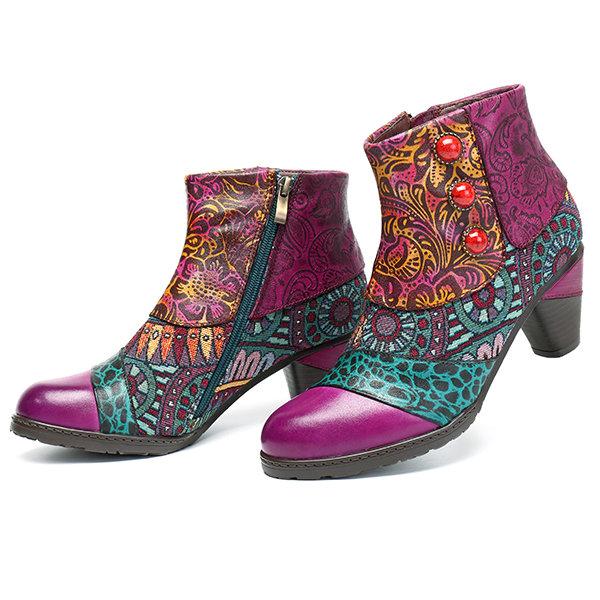 Boho Splicing Pattern Button Zipper Ankle Leather Boots