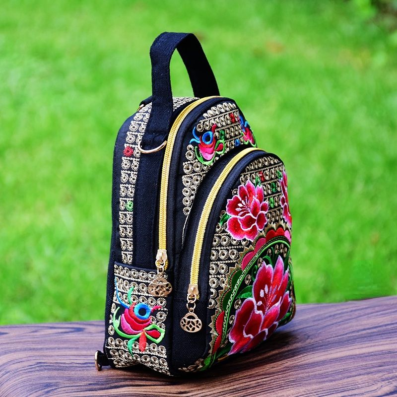 New National Style Multi-function Diagonal Single Shoulder Portable Double Shoulder Canvas Embroidery Flower Bag