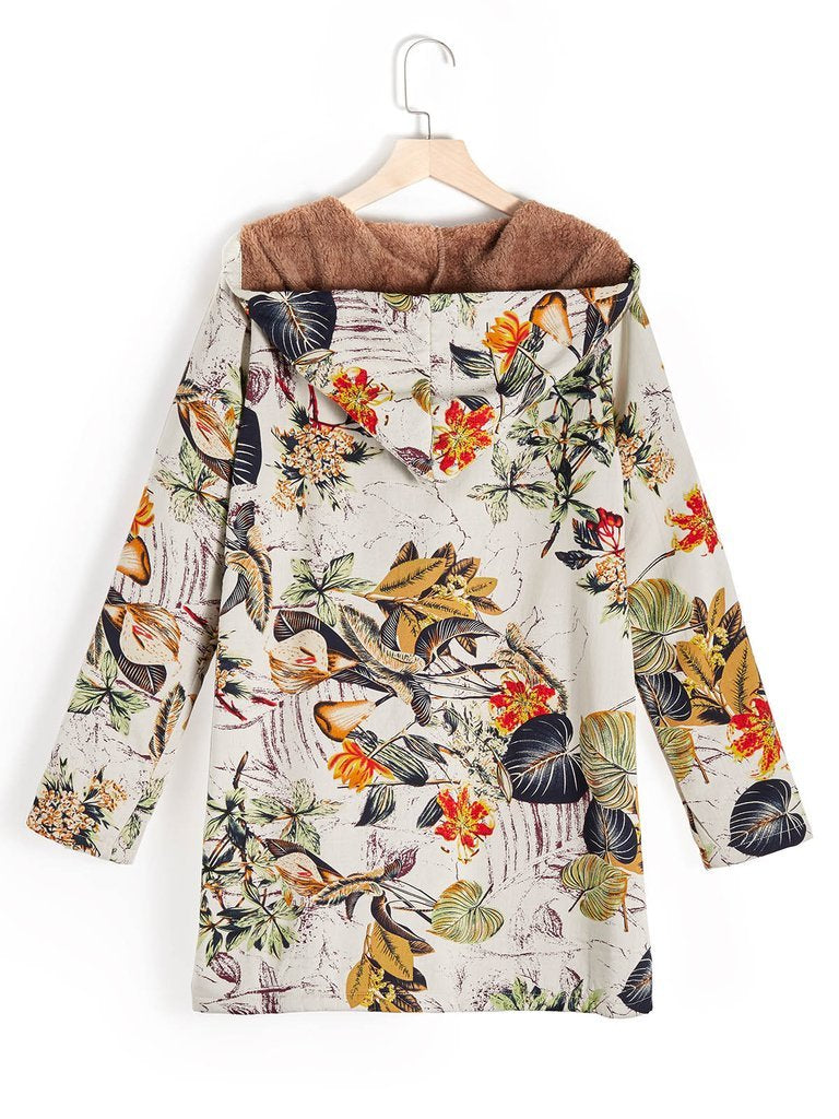 Retro Long Sleeve Leaves Floral Print Hoodie Outwear