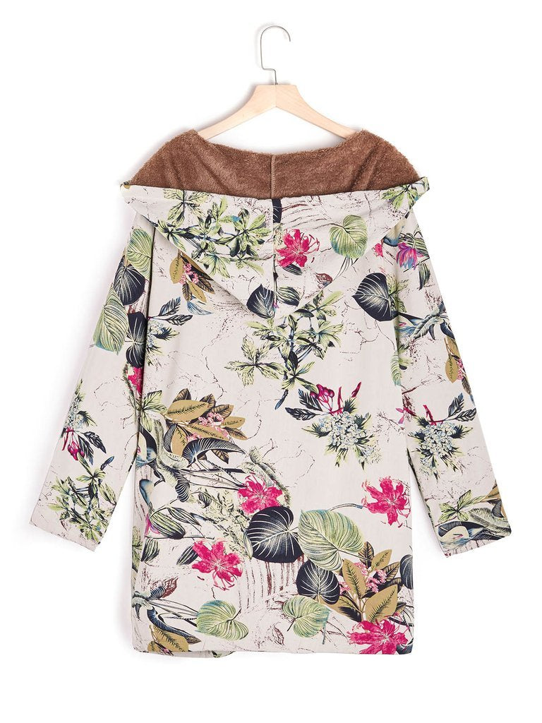 Retro Long Sleeve Leaves Floral Print Hoodie Outwear