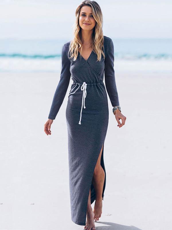 Simple V-neck Split-side Maxi Dress