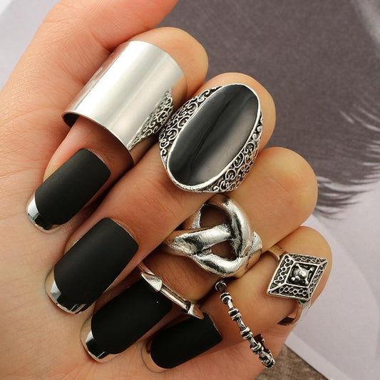 Vintage Big Black Stone Midi Ring Set Boho Antique Silver Color Knuckle Female Rings
