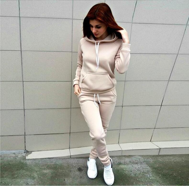 Autumn Winter Suit Casual  Women's Suit Loose Patchwork Hoodies and Long Pants 2 Pcs  Lantern Sleeve Big Size Female Sets