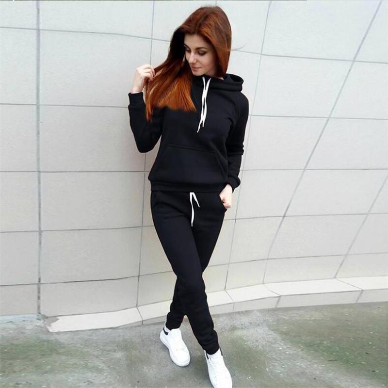 Autumn Winter Suit Casual  Women's Suit Loose Patchwork Hoodies and Long Pants 2 Pcs  Lantern Sleeve Big Size Female Sets