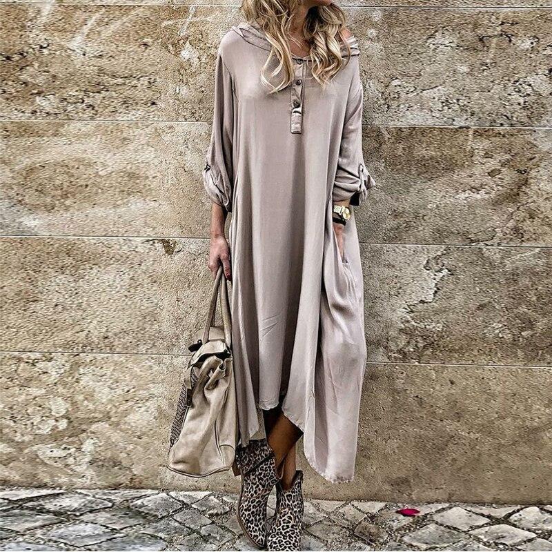 Autumn Women Long Sleeve Casual Buttons Loose Maxi  Ladies Fashion Dress