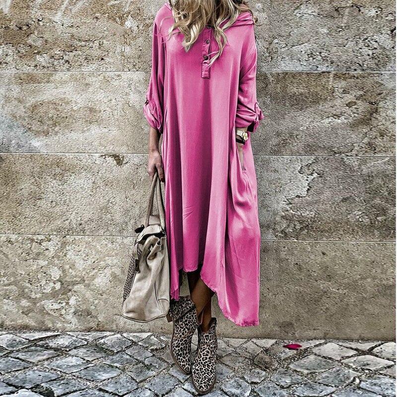 Autumn Women Long Sleeve Casual Buttons Loose Maxi  Ladies Fashion Dress