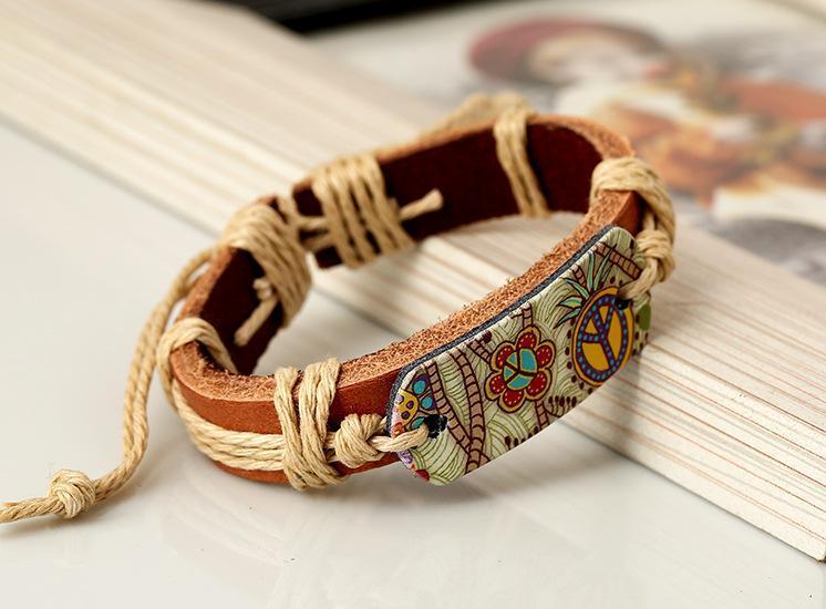 Leather Bracelet Men And Women Jewelry Heat Transfer Peace Sign Bracelet