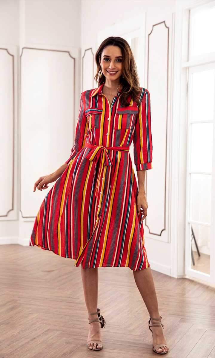 Spring Casual Stripes Lapel Shirt Midi Dress