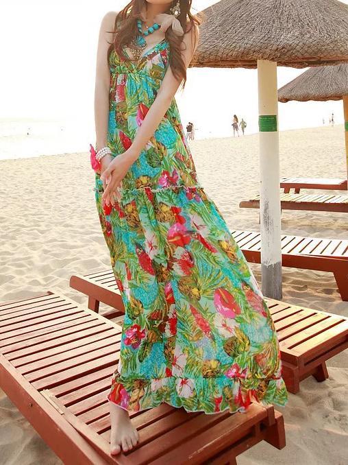 Bohemian Chiffon Dress Ladies Floral Printed Deep V-neck Sexy Spaghetti Strap Backless Summer Maxi Dress