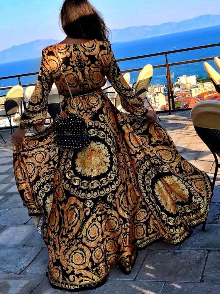 Early Autumn Long Sleeve V-Neck Print Maxi Dress