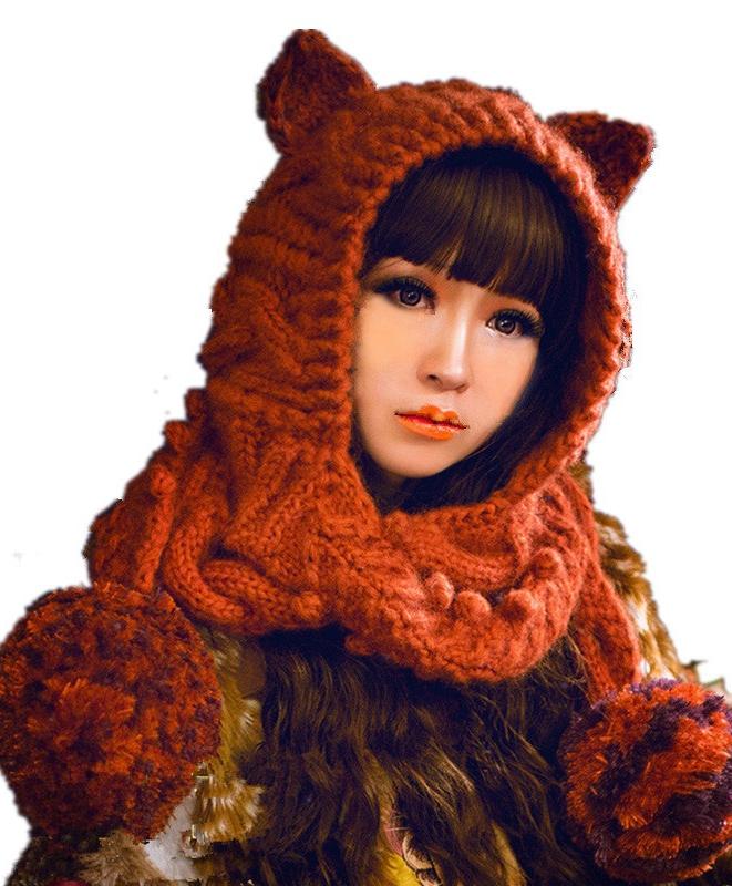 Winter Warm Handmade Knit Cute Cat Ears Hat With Scarf And Gloves Suit