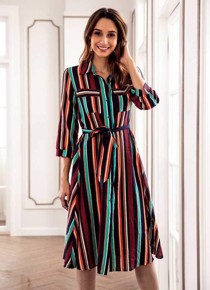 Spring Casual Stripes Lapel Shirt Midi Dress