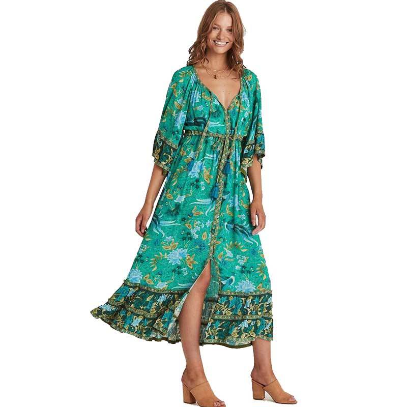 Boho Forest Print Fluted Sleeves Frill Summer Dress V-neck Tied Beach Dress for Women Chic Gypsy Boho Dress