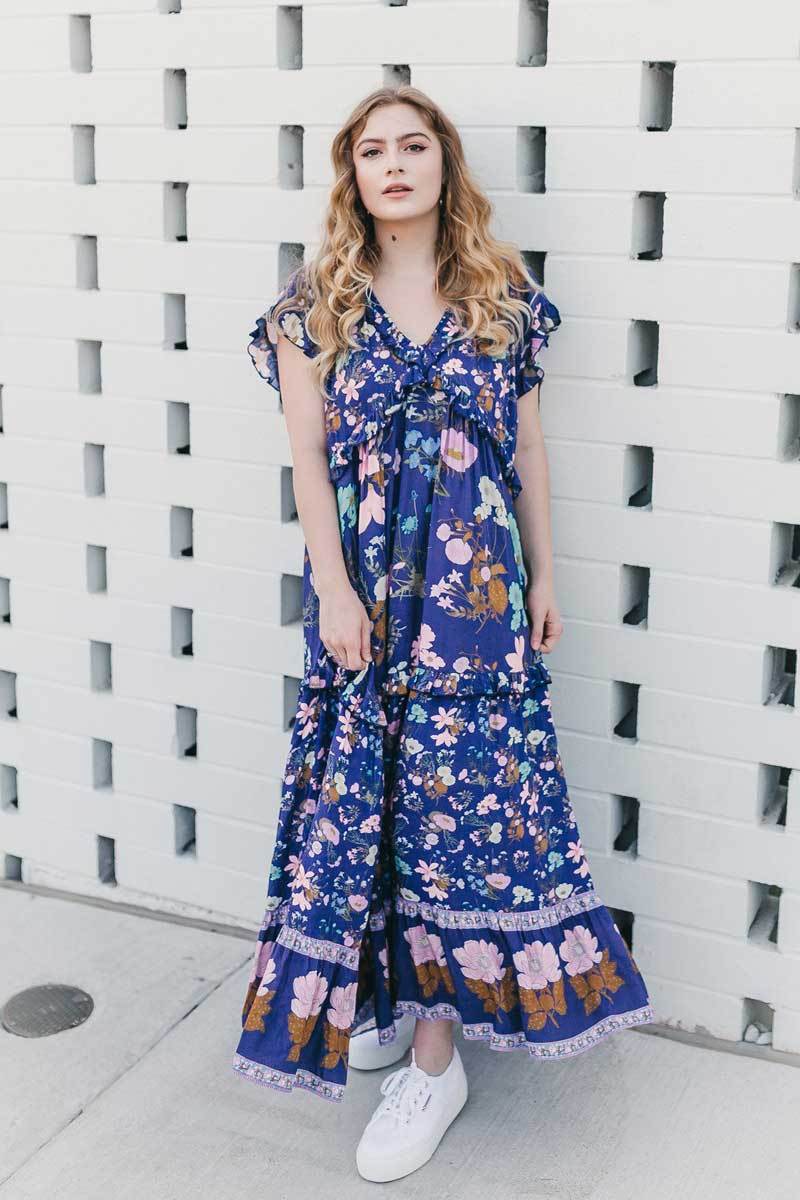 navy floral boho dress frill hem V-neck loose gypsy style holiday summer dress causla chic women dress