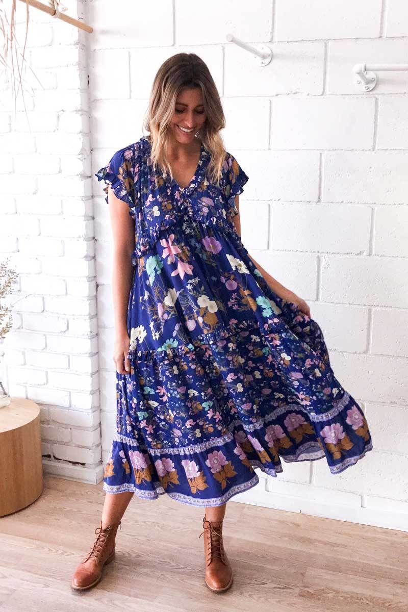 navy floral boho dress frill hem V-neck loose gypsy style holiday summer dress causla chic women dress