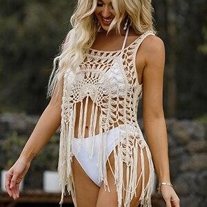 Beach Cover Up Women Bikini Outfit Beach Wear Tunics Tassel Bathing Suit Women Saida De Praia Crochet Bikini Cover Ups Vestidos