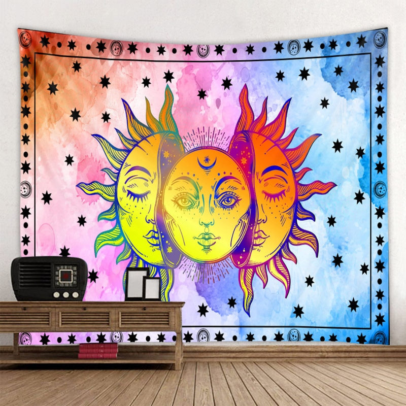 Beautiful psychedelic face printing big wall mounted cheap hippie wall hanging bohemian wall tapestry mandala wall art decoratio