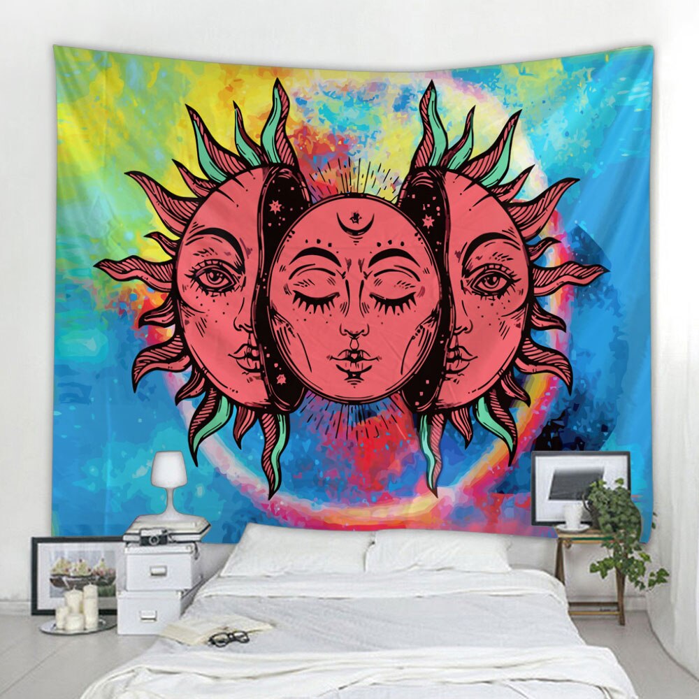 Beautiful psychedelic face printing big wall mounted cheap hippie wall hanging bohemian wall tapestry mandala wall art decoratio