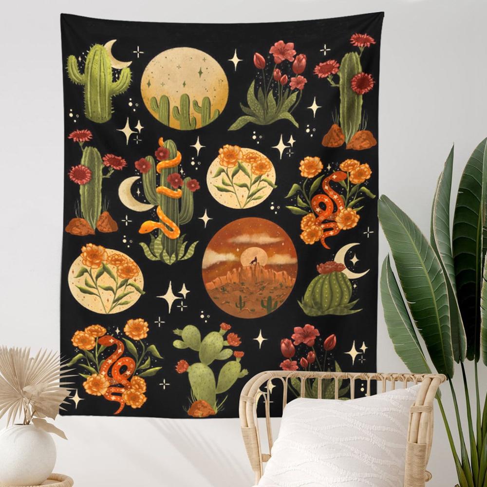 Botanical Cactus Tapestry Wall Hanging Moon Starry Mushroom Chart Hippie Bohemian Tapestries Psychedelic Witchcraft Home Decor