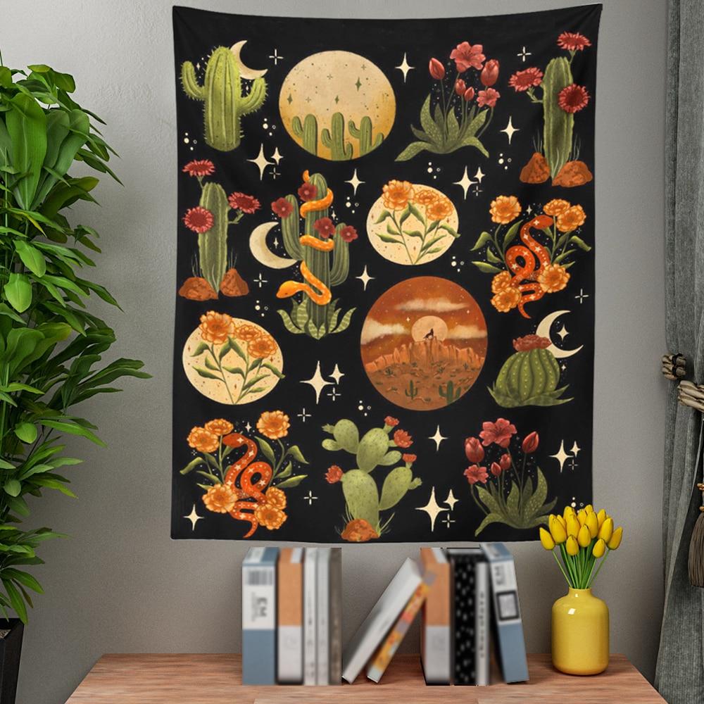 Botanical Cactus Tapestry Wall Hanging Moon Starry Mushroom Chart Hippie Bohemian Tapestries Psychedelic Witchcraft Home Decor