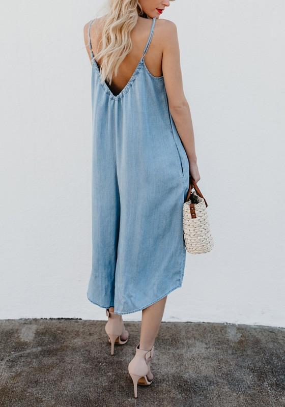 Casual Pockets Spaghetti Strap Backless V-neck Plus Size Blue Wide Leg Jumpsuit