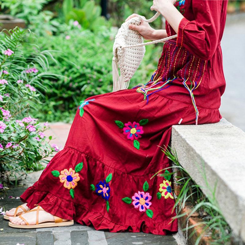 Boho Gypsy Floral Embroidery V Neck Maxi Dress