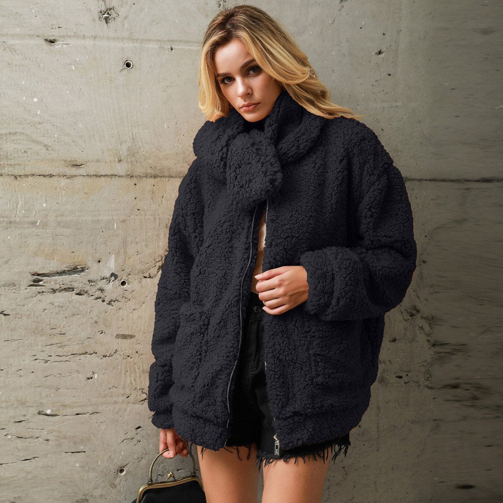 Women's Warm Faux Fur Loose Plush Scarf Coat Casual Solid Outwear Jackets With Pockets