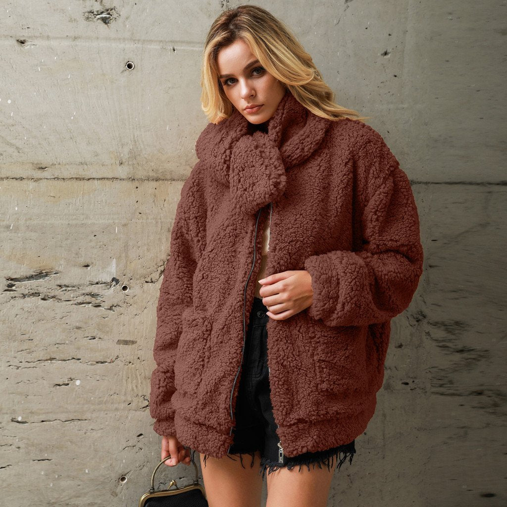 Women's Warm Faux Fur Loose Plush Scarf Coat Casual Solid Outwear Jackets With Pockets