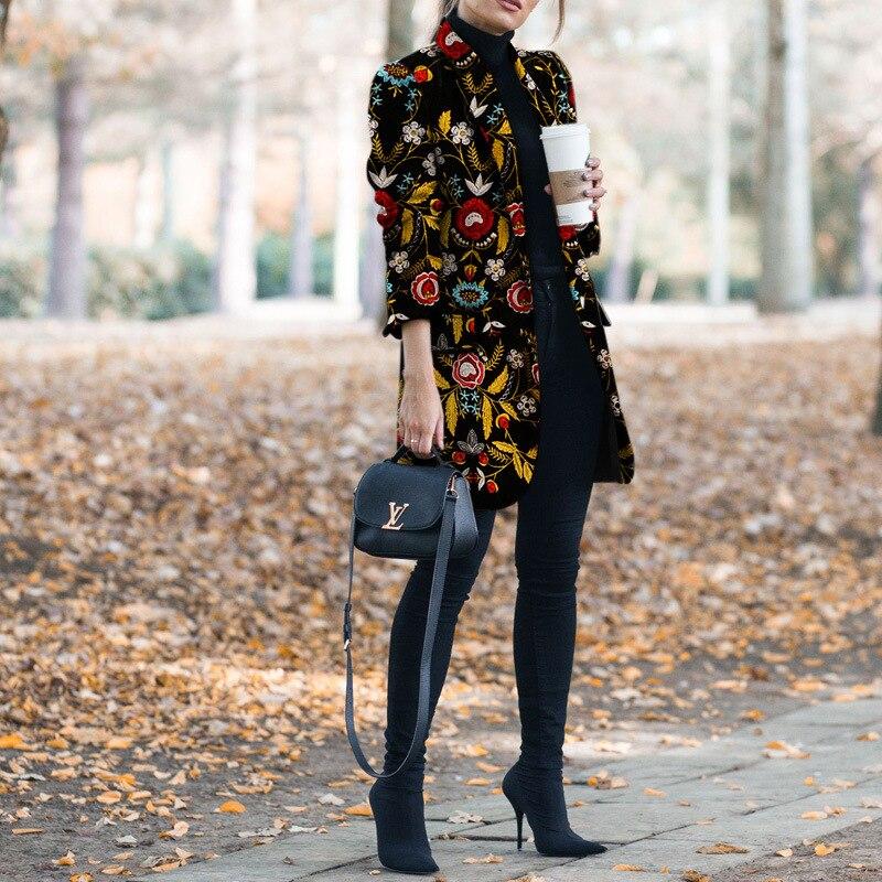 Winter Flower Print Pattern Coats Long Sleeve Vintage Coat Casual Women Slim Coat Jacket Female Outwear