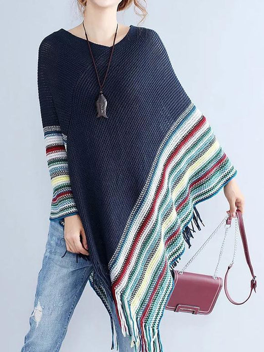 Women Patchwork Long Sleeve Tassels Shawl Sweaters