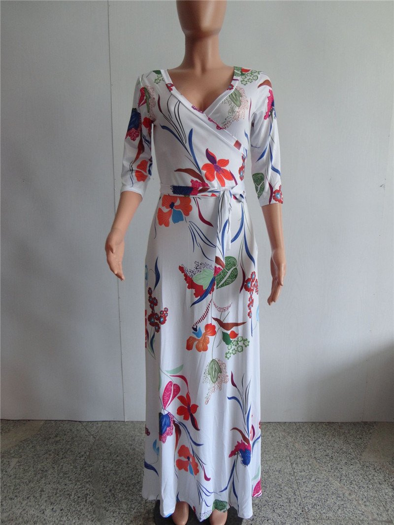 Sexy V Neck Floral Printed Big Swing Maxi Dress