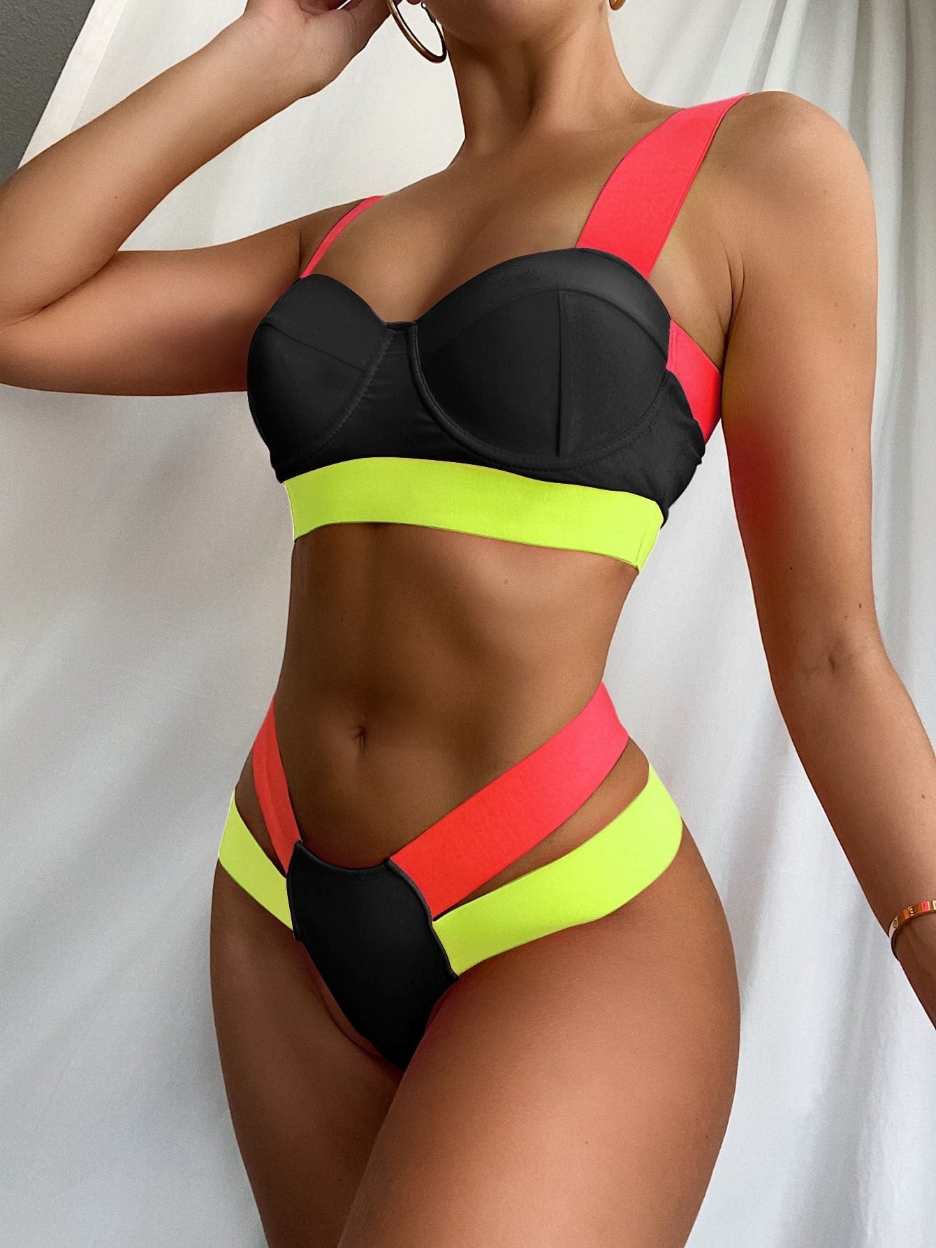 Ellolace Women's Swimsuits Sexy Swimwear Patchwork Bikini Woman Push up Biquini Neon Bikinis Swimsuit Bathing Suits 2021