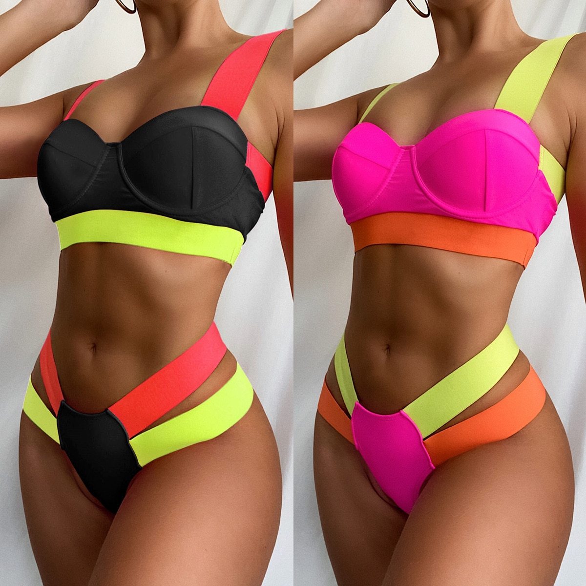 Ellolace Women's Swimsuits Sexy Swimwear Patchwork Bikini Woman Push up Biquini Neon Bikinis Swimsuit Bathing Suits 2021