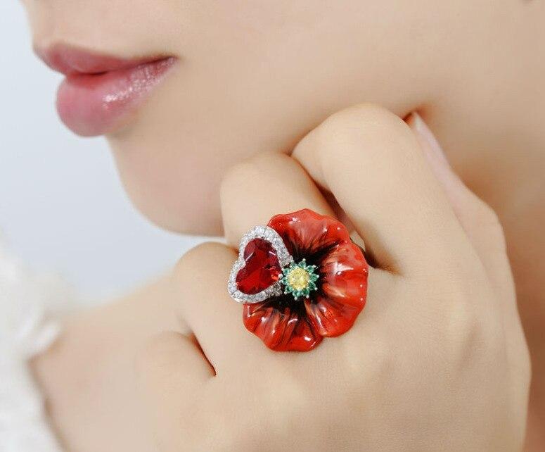 Enamel Cloisonne Red Flower Leaf Heart Cubic Zirconia Luxury Jewelry For Women Big Crystals Gift For Girls Engagement Rings