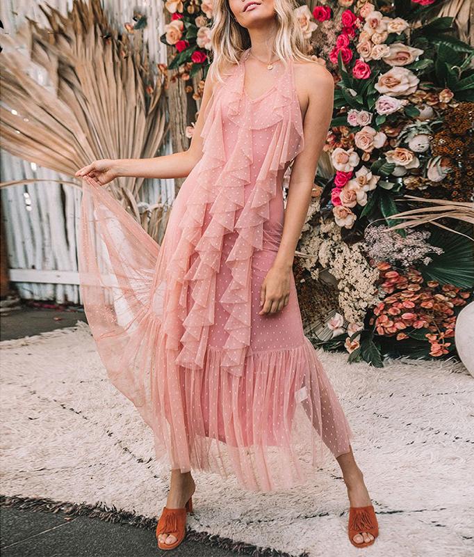 Boho Mesh Pink Ruffles 2 Pieces Sets Dress