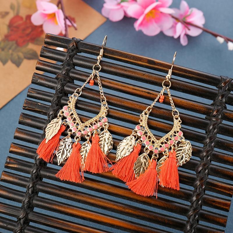 Fashion Women Corful Boho Tassel Earrings Tibetan Jewelry Brincos Bijoux Vintage Bohemia Gold Alloy Leaf Tassel Drop Earrings