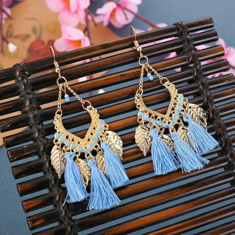 Fashion Women Corful Boho Tassel Earrings Tibetan Jewelry Brincos Bijoux Vintage Bohemia Gold Alloy Leaf Tassel Drop Earrings