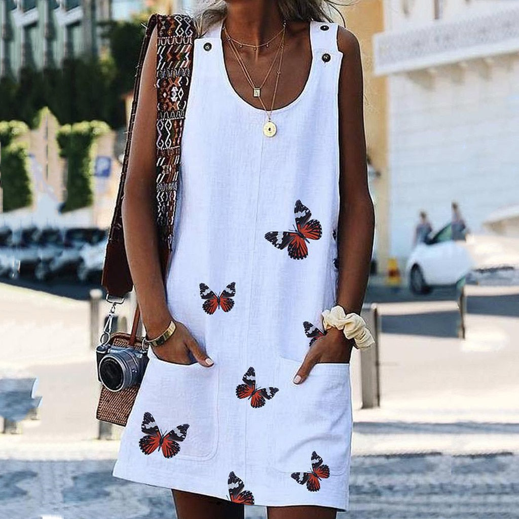 Summer Sleeveless Floral Butterfly Knee Above Casual Loose Mini Dress