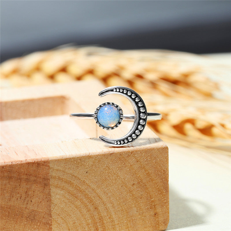 Female Small Moonstone Open Adjustable Ring Silver Color Bridal Engagement Ring Vintage Zircon Stone Wedding Rings For Women