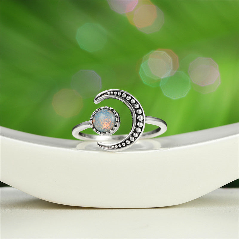 Female Small Moonstone Open Adjustable Ring Silver Color Bridal Engagement Ring Vintage Zircon Stone Wedding Rings For Women