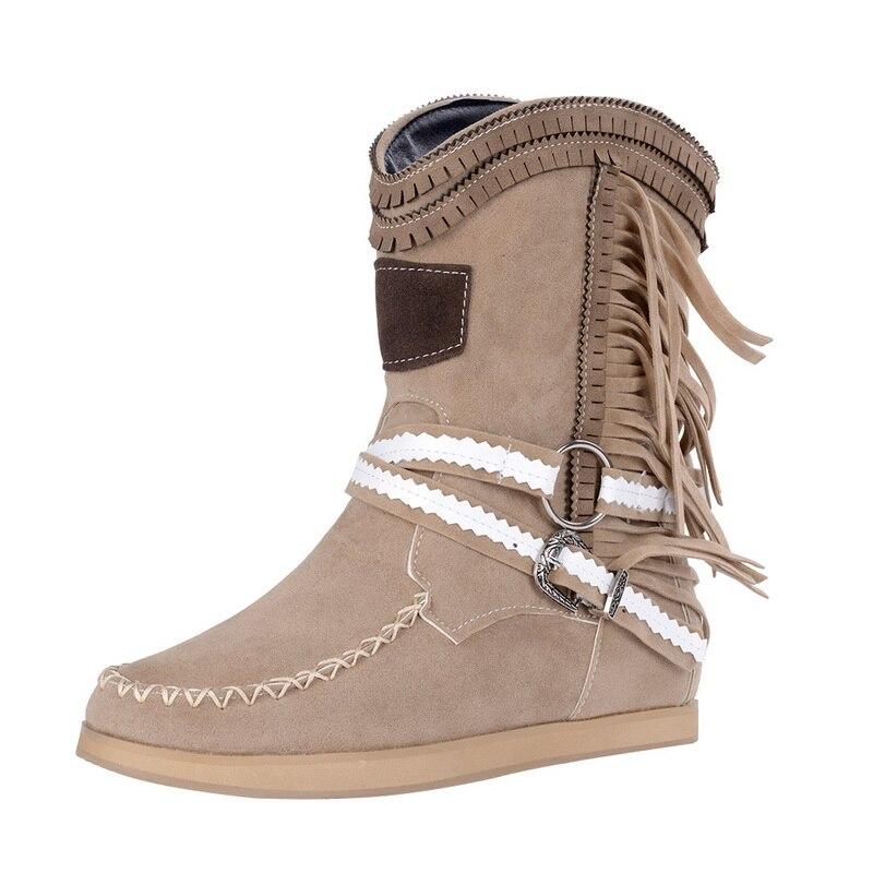 Fringe Midden Laarzen Vrouwen Sexy Kwastje Laarzen Mode Gesp Motorlaarzen Platte Hak Laars Vrouwen Cowboy Stijl  Boot