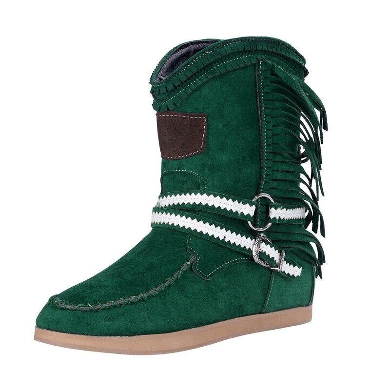 Fringe Midden Laarzen Vrouwen Sexy Kwastje Laarzen Mode Gesp Motorlaarzen Platte Hak Laars Vrouwen Cowboy Stijl  Boot