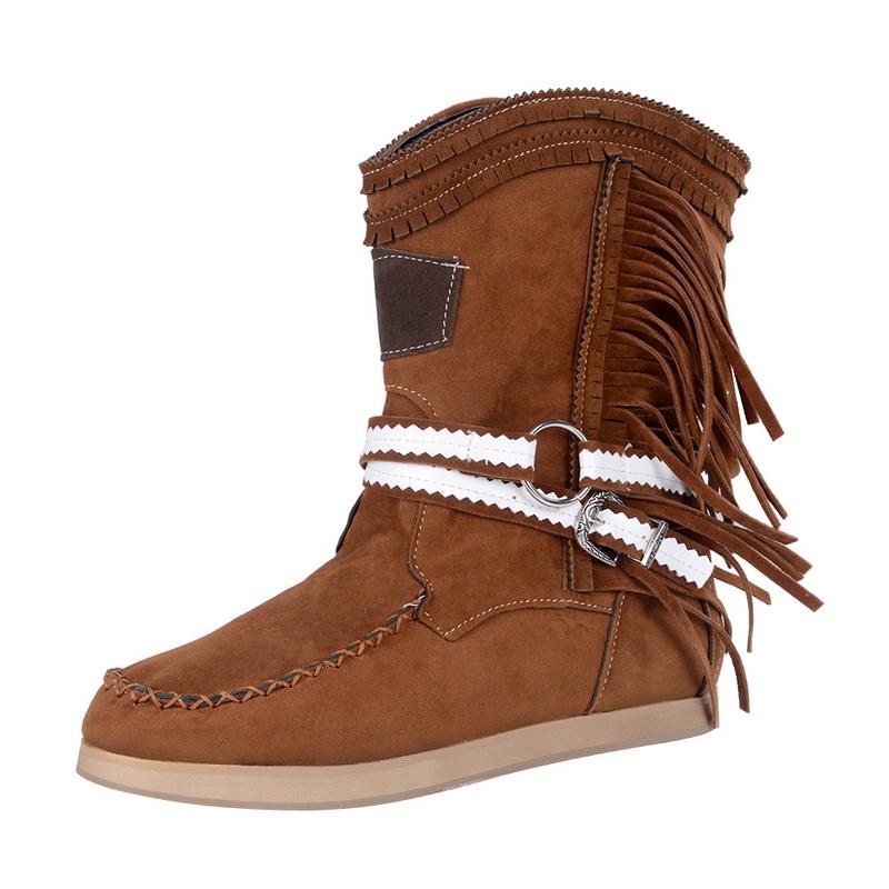 Fringe Midden Laarzen Vrouwen Sexy Kwastje Laarzen Mode Gesp Motorlaarzen Platte Hak Laars Vrouwen Cowboy Stijl  Boot