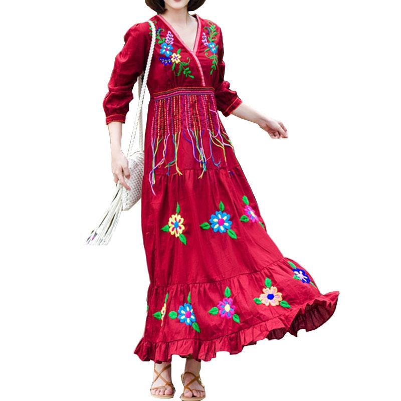 Boho Gypsy Floral Embroidery V Neck Maxi Dress