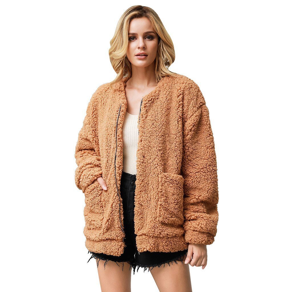 Women's Warm Faux Fur Loose Plush Scarf Coat Casual Solid Outwear Jackets With Pockets