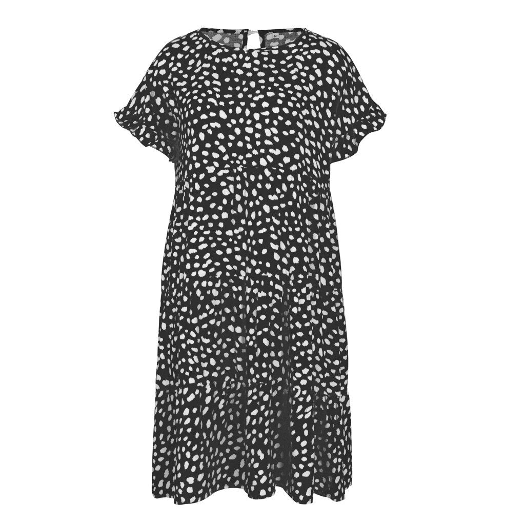 Women Loose O-neck Short Sleeve Dots Print Mini Dresses