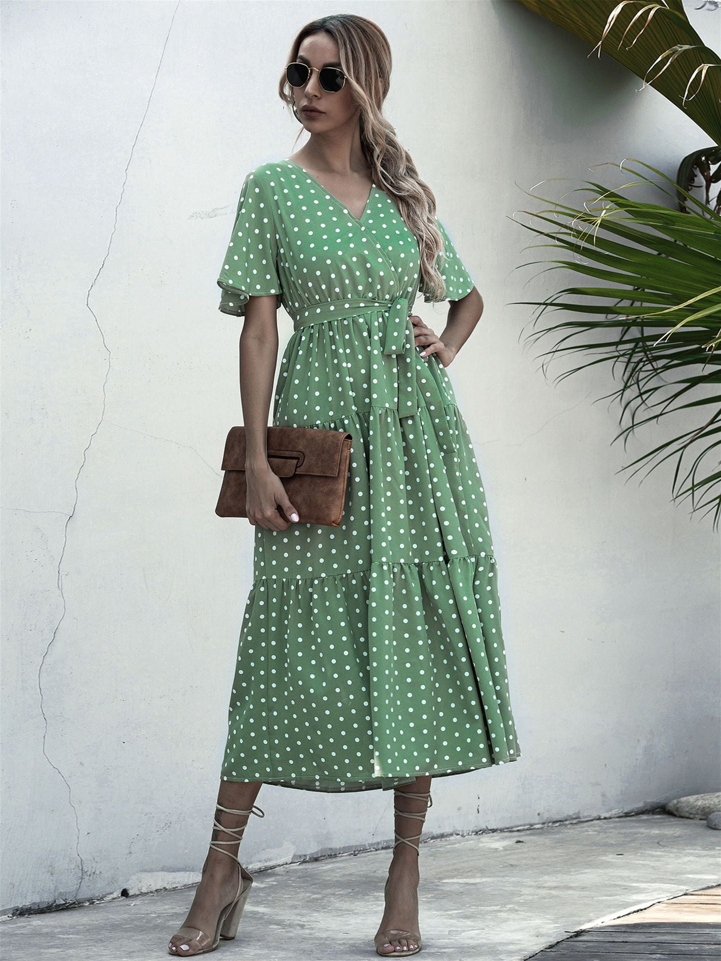 Dot Print V Neck Women Boho Style Summer Beach Long Dress