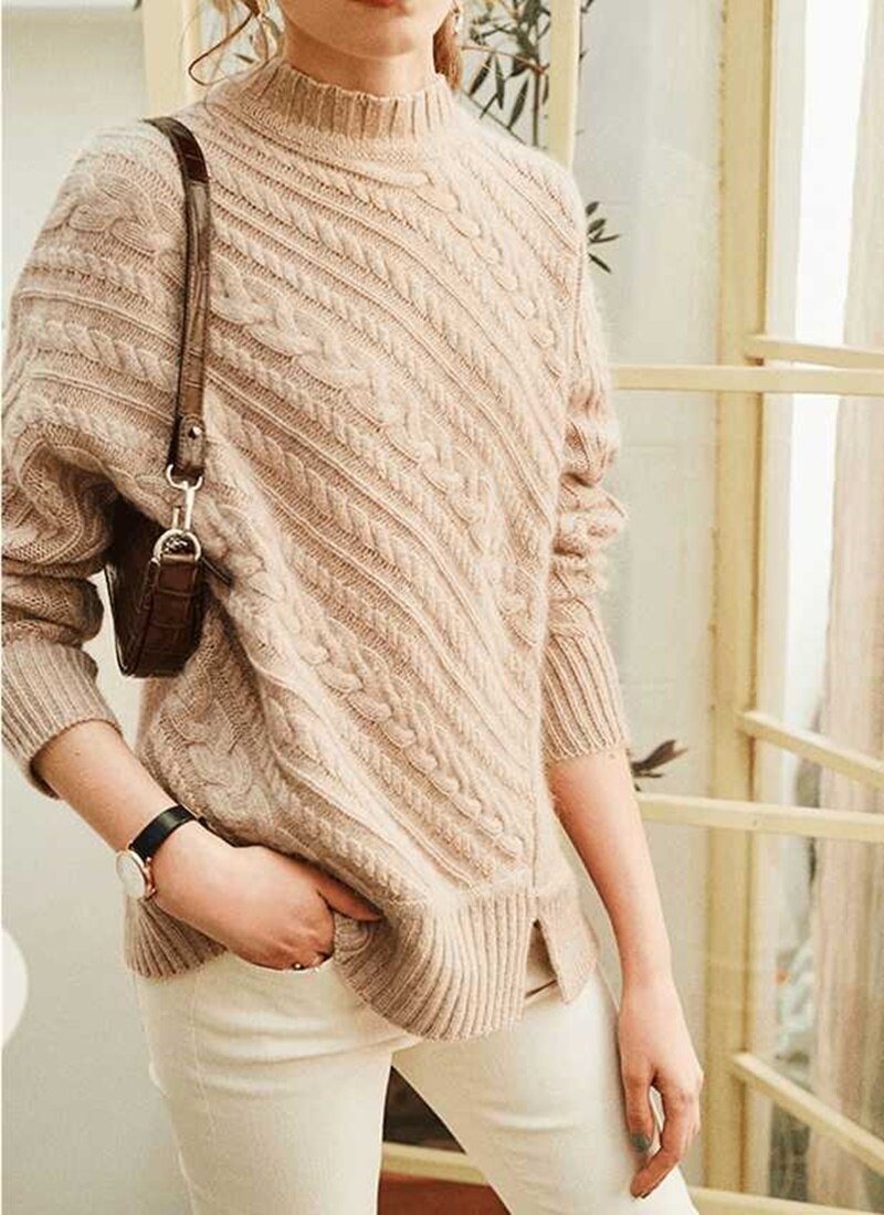 Knitted Sweater Women Long-Sleeves Pullover Loose Twist Thickening Ladies Top Solid Color Round Neck Pull Oversize Femme