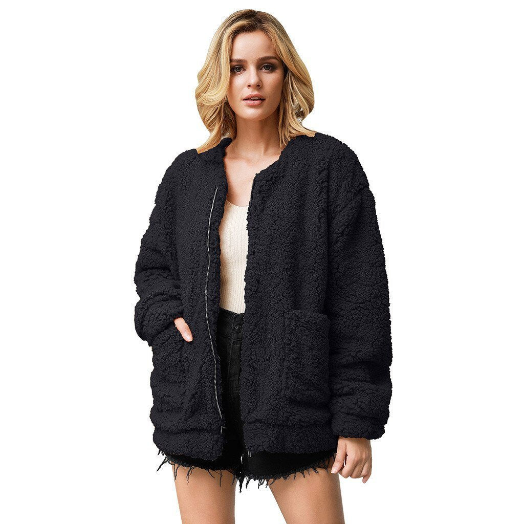 Women's Warm Faux Fur Loose Plush Scarf Coat Casual Solid Outwear Jackets With Pockets