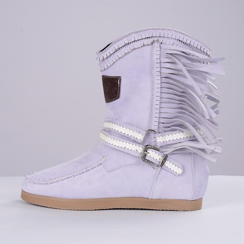 Fringe Midden Laarzen Vrouwen Sexy Kwastje Laarzen Mode Gesp Motorlaarzen Platte Hak Laars Vrouwen Cowboy Stijl  Boot